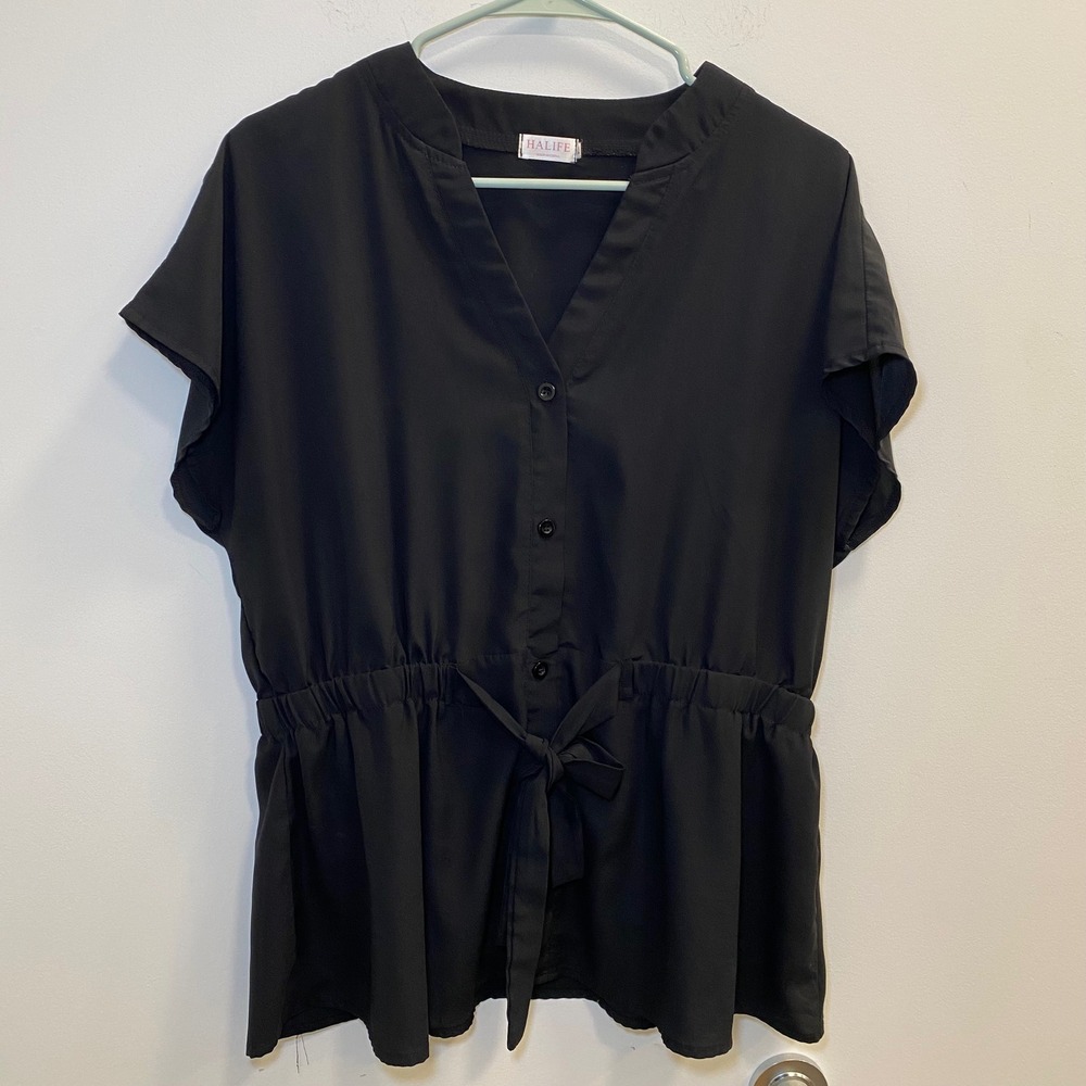 Halife Blouse W Large Black Tie Waist Button Front V-Neck Office Chic Academia